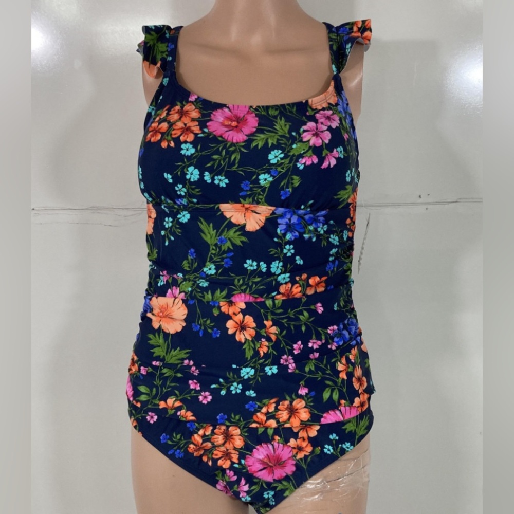 Ellen Tracy Womens Multicolor Floral Ruched One-Piece Swimsuit Size 12 N…